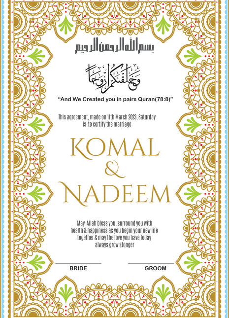 Nikkah Agreement Customized