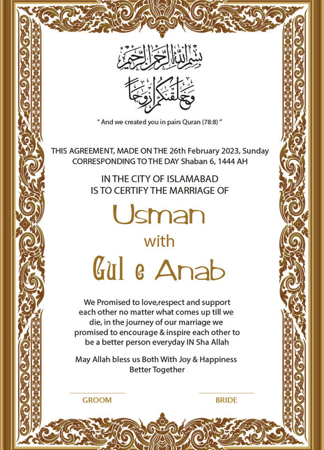 Nikkah Agreement Customized