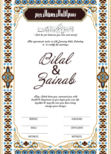 Nikkah Agreement Customized