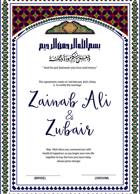Nikkah Agreement Customized