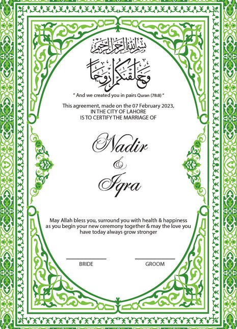 Nikkah Agreement Customized