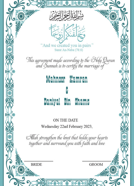 Nikkah Agreement Customized