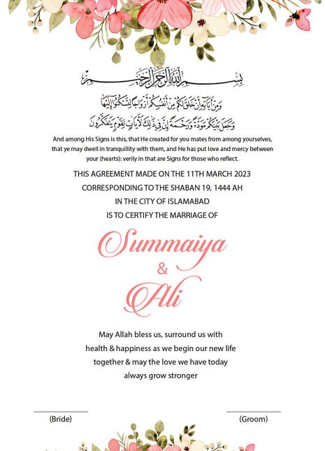 Nikkah Agreement Customized