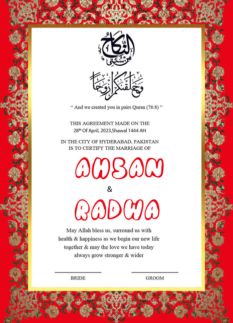 Nikkah Agreement Customized