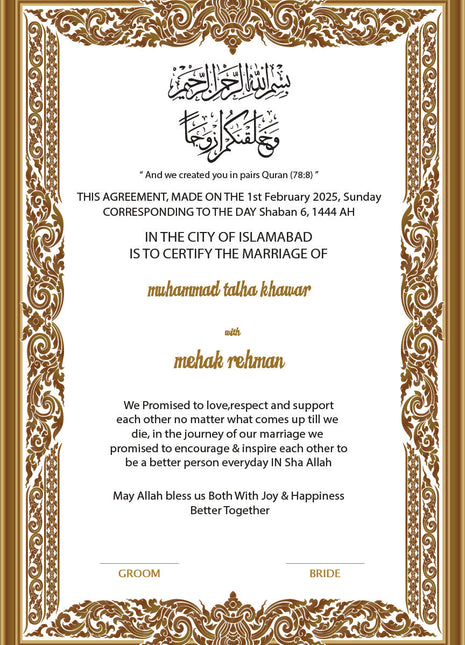 Nikkah Agreement Customized