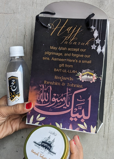 Hajj & Umrah Tabarruk Gift Set – Customized Bag, Tin Box & Zamzam Bottle (Complete Package)