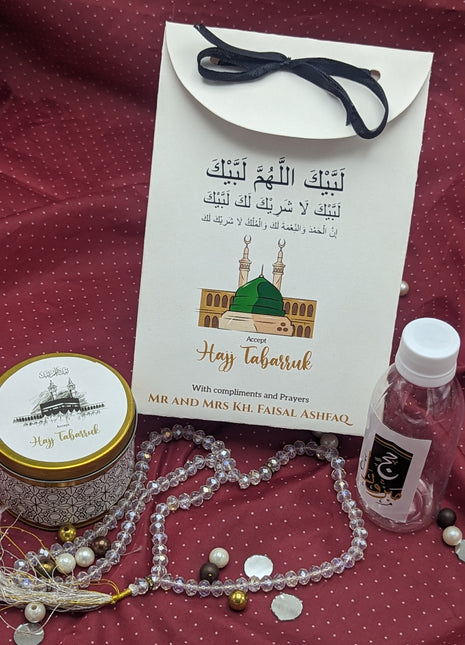 Hajj & Umrah Tabarruk Gift Set – Customized Bag, Tin Box & Zamzam Bottle (Complete Package)