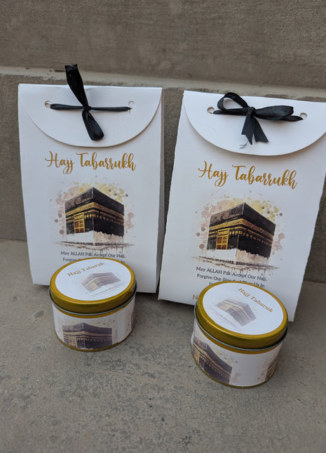 Hajj & Umrah Tabarruk Gift Set – Customized Bag, Tin Box & Zamzam Bottle (Complete Package)