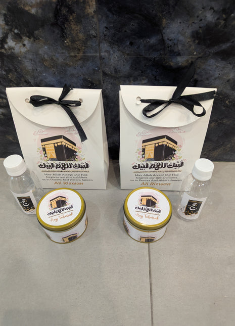Hajj & Umrah Tabarruk Gift Set – Customized Bag, Tin Box & Zamzam Bottle (Complete Package)