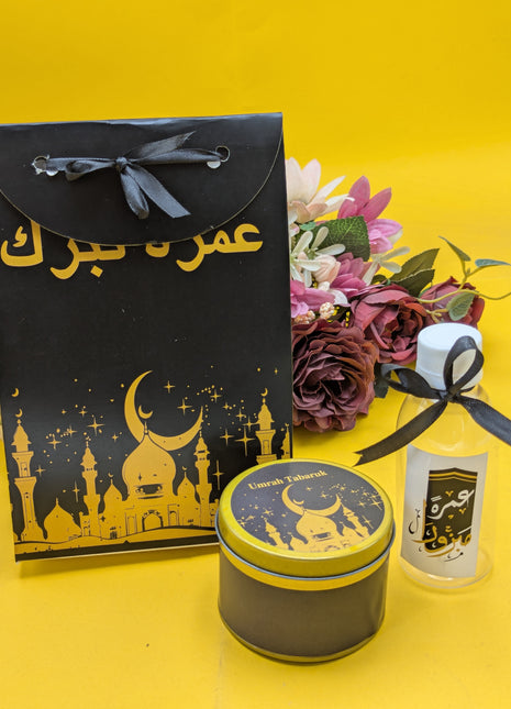 Hajj & Umrah Tabarruk Gift Set – Customized Bag, Tin Box & Zamzam Bottle (Complete Package)