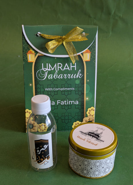 Hajj & Umrah Tabarruk Gift Set – Customized Bag, Tin Box & Zamzam Bottle (Complete Package)