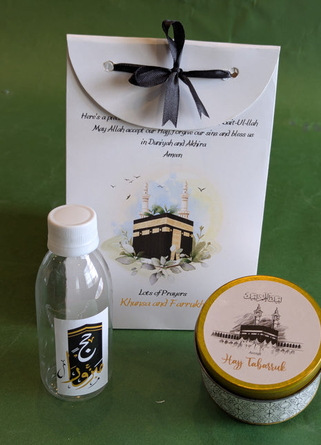 Hajj & Umrah Tabarruk Gift Set – Customized Bag, Tin Box & Zamzam Bottle (Complete Package)
