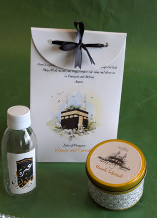 Hajj & Umrah Tabarruk Gift Set – Customized Bag, Tin Box & Zamzam Bottle (Complete Package)