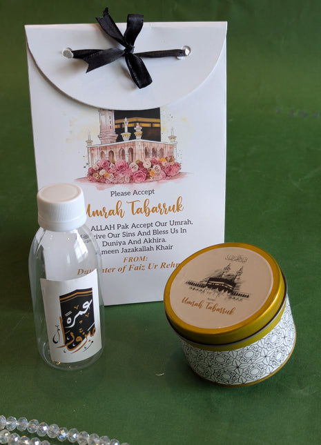 Hajj & Umrah Tabarruk Gift Set – Customized Bag, Tin Box & Zamzam Bottle (Complete Package)