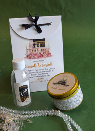 Hajj & Umrah Tabarruk Gift Set – Customized Bag, Tin Box & Zamzam Bottle (Complete Package)