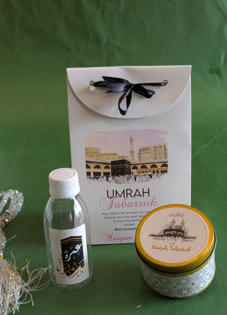 Hajj & Umrah Tabarruk Gift Set – Customized Bag, Tin Box & Zamzam Bottle (Complete Package)