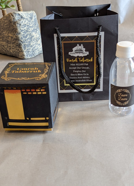 Hajj & Umrah Tabarruk Gift Set – Customized Bag, Kaba Box & Zamzam Bottle (Complete Package)