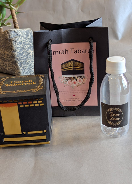 Hajj & Umrah Tabarruk Gift Set – Customized Bag, Kaba Box & Zamzam Bottle (Complete Package)