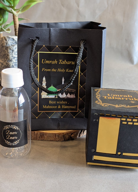 Hajj & Umrah Tabarruk Gift Set – Customized Bag, Kaba Box & Zamzam Bottle (Complete Package)