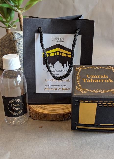 Hajj & Umrah Tabarruk Gift Set – Customized Bag, Kaba Box & Zamzam Bottle (Complete Package)