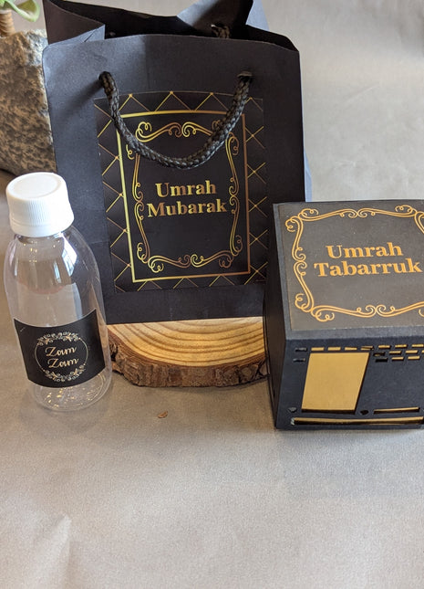 Hajj & Umrah Tabarruk Gift Set – Customized Bag, Kaba Box & Zamzam Bottle (Complete Package)