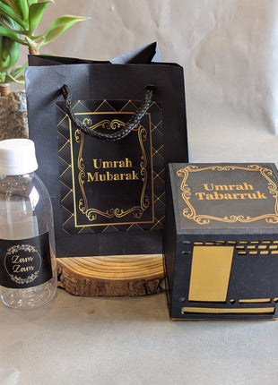 Hajj & Umrah Tabarruk Gift Set – Customized Bag, Kaba Box & Zamzam Bottle (Complete Package)