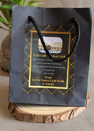 Hajj & Umrah Tabarruk Gift Set – Customized Bag, Kaba Box & Zamzam Bottle (Complete Package)