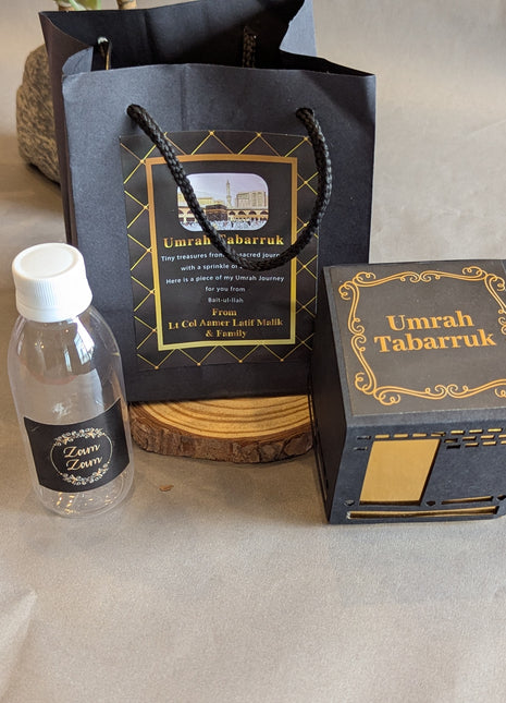 Hajj & Umrah Tabarruk Gift Set – Customized Bag, Kaba Box & Zamzam Bottle (Complete Package)