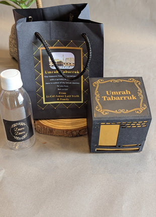 Hajj & Umrah Tabarruk Gift Set – Customized Bag, Kaba Box & Zamzam Bottle (Complete Package)