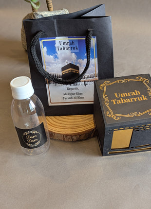 Hajj & Umrah Tabarruk Gift Set – Customized Bag, Kaba Box & Zamzam Bottle (Complete Package)
