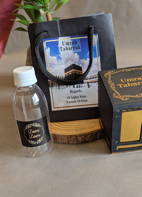 Hajj & Umrah Tabarruk Gift Set – Customized Bag, Kaba Box & Zamzam Bottle (Complete Package)