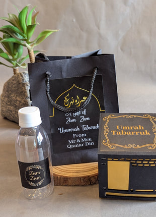 Hajj & Umrah Tabarruk Gift Set – Customized Bag, Kaba Box & Zamzam Bottle (Complete Package)
