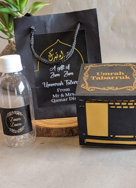 Hajj & Umrah Tabarruk Gift Set – Customized Bag, Kaba Box & Zamzam Bottle (Complete Package)