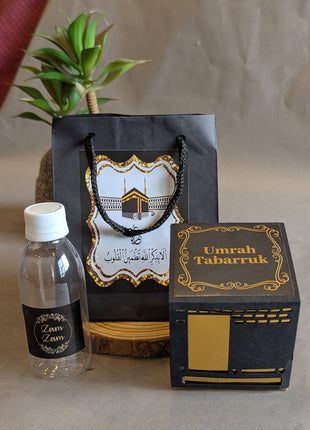 Hajj & Umrah Tabarruk Gift Set – Customized Bag, Kaba Box & Zamzam Bottle (Complete Package)