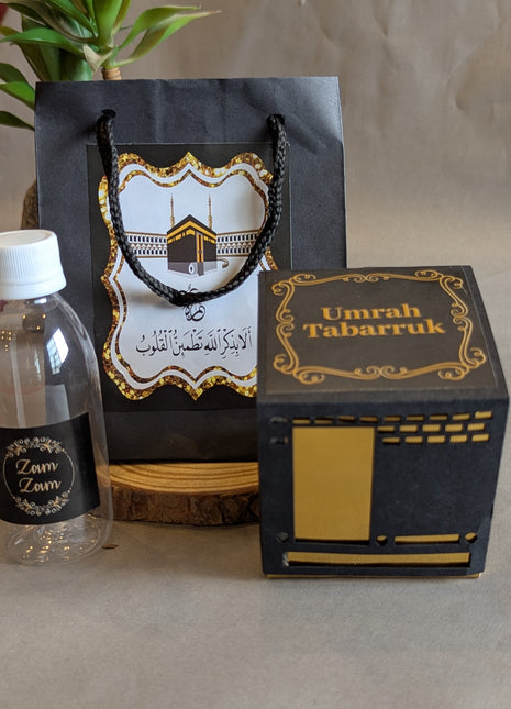 Hajj & Umrah Tabarruk Gift Set – Customized Bag, Kaba Box & Zamzam Bottle (Complete Package)