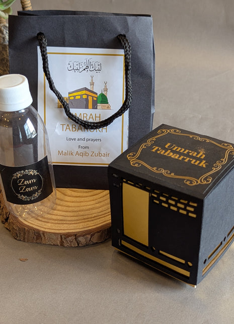 Hajj & Umrah Tabarruk Gift Set – Customized Bag, Kaba Box & Zamzam Bottle (Complete Package)