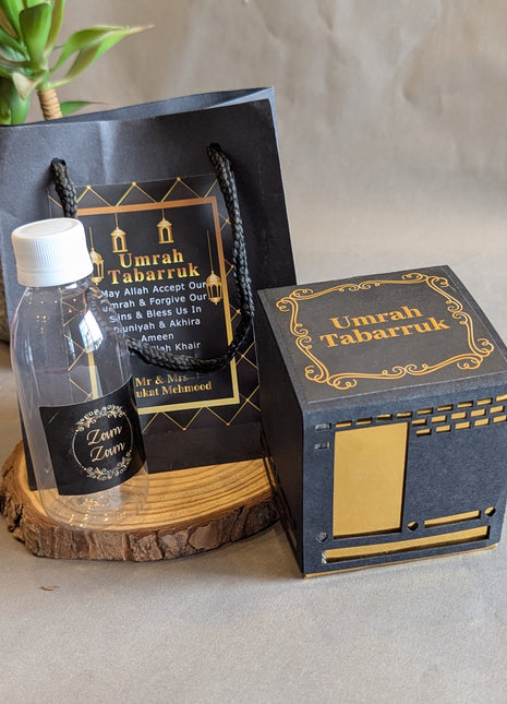 Hajj & Umrah Tabarruk Gift Set – Customized Bag, Kaba Box & Zamzam Bottle (Complete Package)