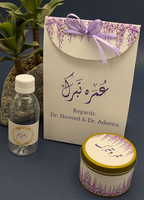 Hajj & Umrah Tabarruk Gift Set – Customized Bag, Tin Box & Zamzam Bottle (Complete Package)