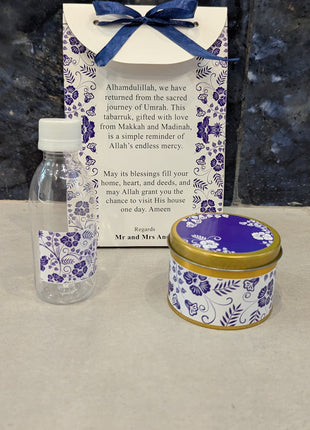 Hajj & Umrah Tabarruk Gift Set – Customized Bag, Tin Box & Zamzam Bottle (Complete Package)