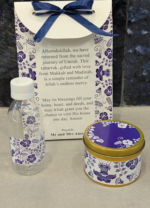 Hajj & Umrah Tabarruk Gift Set – Customized Bag, Tin Box & Zamzam Bottle (Complete Package)