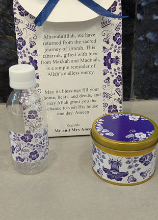 Hajj & Umrah Tabarruk Gift Set – Customized Bag, Tin Box & Zamzam Bottle (Complete Package)