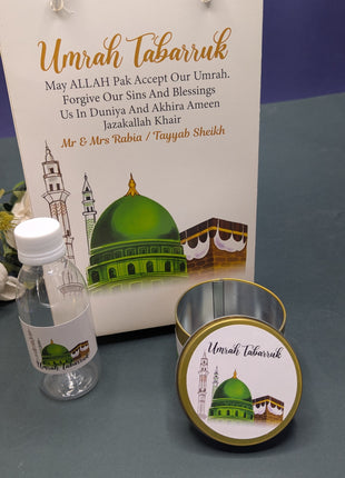 Hajj & Umrah Tabarruk Gift Set – Customized Bag, Tin Box & Zamzam Bottle (Complete Package)