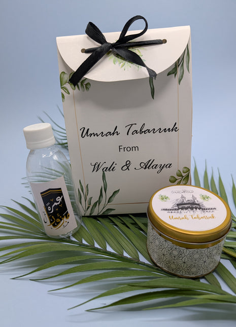 Hajj & Umrah Tabarruk Gift Set – Customized Bag, Tin Box & Zamzam Bottle (Complete Package)