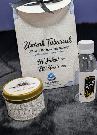 Hajj & Umrah Tabarruk Gift Set – Customized Bag, Tin Box & Zamzam Bottle (Complete Package)
