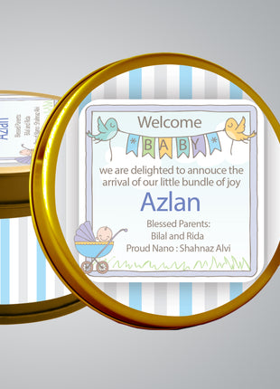 Premium Birth Announcement Tin Boxes – Custom Printed Baby Arrival Gifts & Methie Boxes in Pakistan