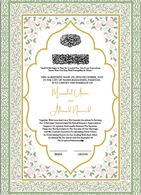 Nikkah Agreement Customized
