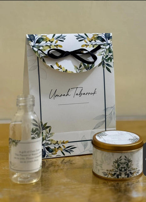 Hajj & Umrah Tabarruk Gift Set – Customized Bag, Tin Box & Zamzam Bottle (Complete Package)
