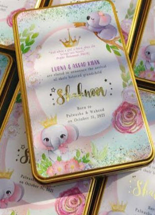 Premium Birth Announcement Tin Boxes – Custom Printed Baby Arrival Gifts & Methie Boxes in Pakistan