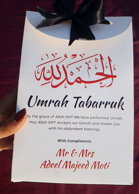 Hajj & Umrah Tabarruk Gift Set – Customized Bag, Tin Box & Zamzam Bottle (Complete Package)