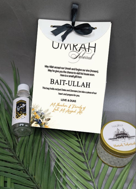 Hajj & Umrah Tabarruk Gift Set – Customized Bag, Tin Box & Zamzam Bottle (Complete Package)
